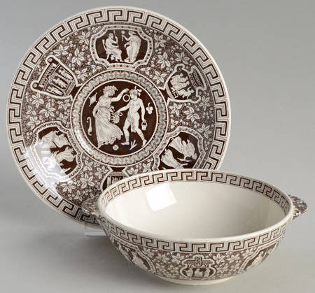 Greek Brown Flat Cream Soup Bowl & Saucer Set