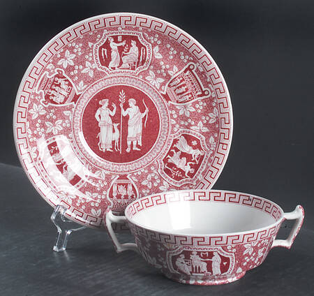 Greek Red Footed Cream Soup Bowl & Saucer Set