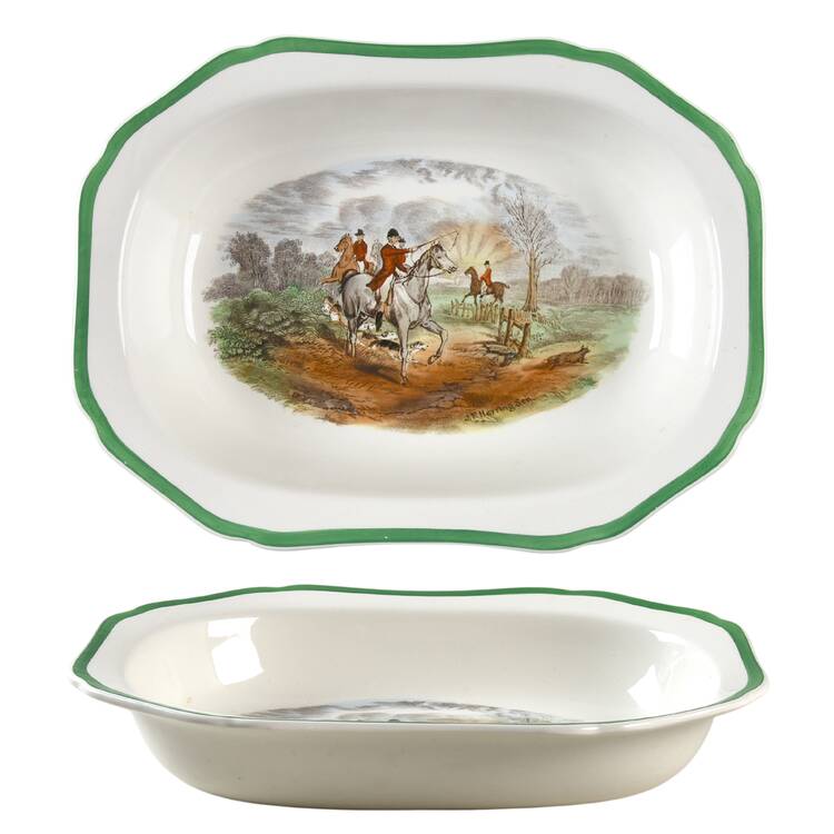 Herring Hunt, The Hunt (Green, Scalloped) 10" Oval Vegetable Bowl