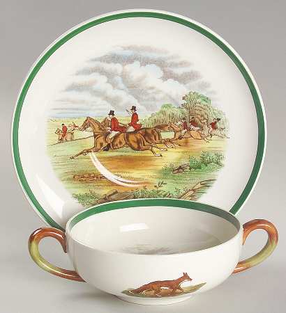 Herring Hunt, The Hunt (Green, Scalloped) Flat Cream Soup Bowl & Saucer Set