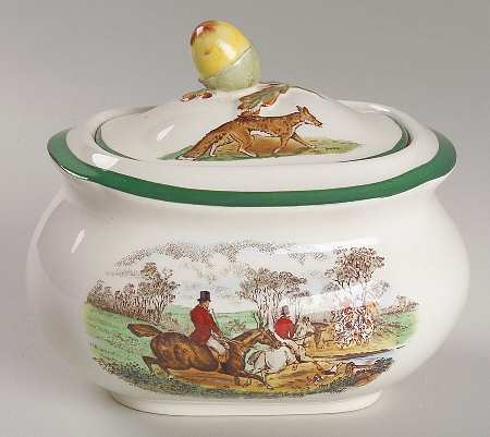 Herring Hunt, The Hunt (Green, Scalloped) Sugar Bowl & Lid