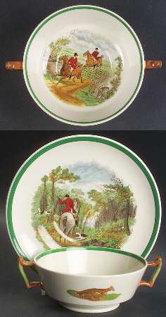 Herring Hunt, The Hunt (Green, Scalloped) Footed Cream Soup Bowl & Saucer Set