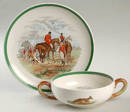Herring Hunt, The Hunt (Green, Scalloped) Flat Cream Soup Bowl & Saucer Set