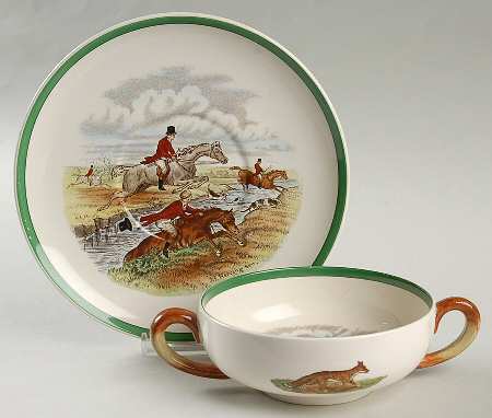 Herring Hunt, The Hunt (Green, Scalloped) Flat Cream Soup Bowl & Saucer Set