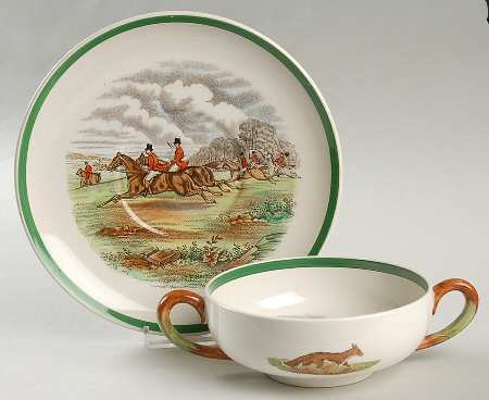 Herring Hunt, The Hunt (Green, Scalloped) Flat Cream Soup & Saucer Set