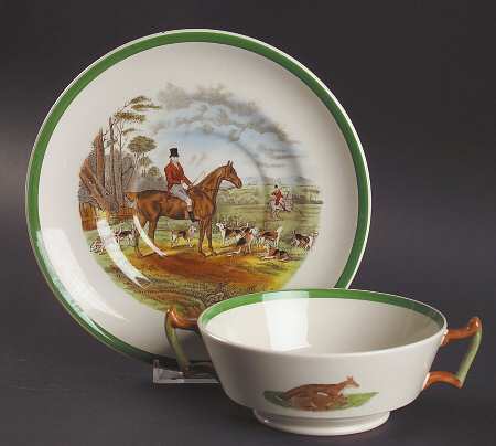 Herring Hunt, The Hunt (Green, Scalloped) Footed Cream Soup Bowl & Saucer Set