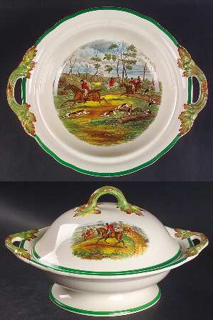 Herring Hunt, The Hunt (Green, Scalloped) Round Covered Vegetable