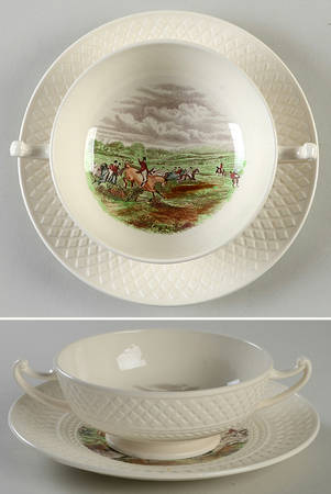 Herring Hunt (Mansard Shape) Footed Cream Soup Bowl & Saucer Set