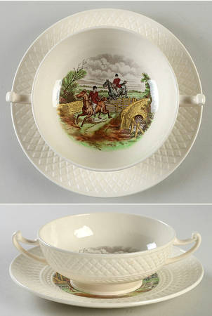 Herring Hunt (Mansard Shape) Footed Cream Soup Bowl & Saucer Set