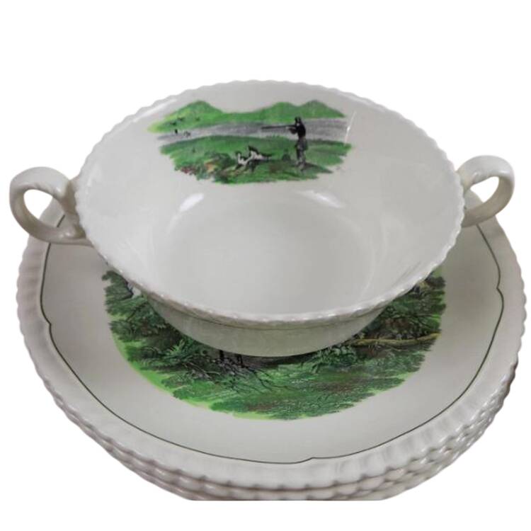 Hunt Scenes (Green Ring) Flat Cream Soup Bowl & Saucer Set