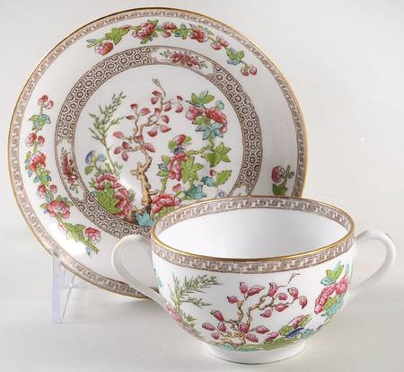 Indian Tree (Smooth, Gold Trim) Footed Bouillon Cup & Saucer