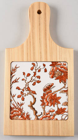Indian Tree (Orange Rust, Scallop, Red Trim) 10" Natural Wood Cheese Board with Tile  HC