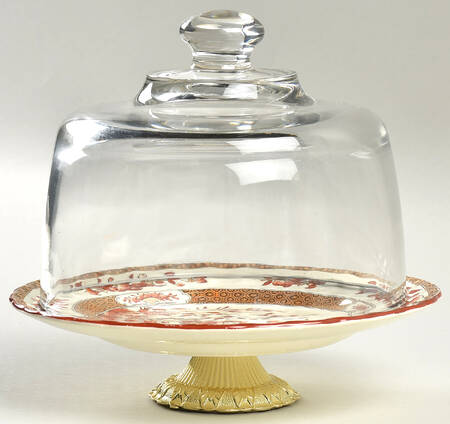 Indian Tree (Orange Rust, Scallop, Red Trim) 6 1/2"-7 1/2" Footed Cheese Plate w/ Glass Dome HC