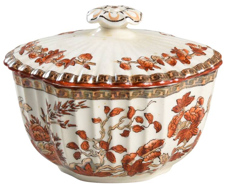 Indian Tree (Orange Rust, Scallop, Red Trim) Mini Sugar Bowl & Lid