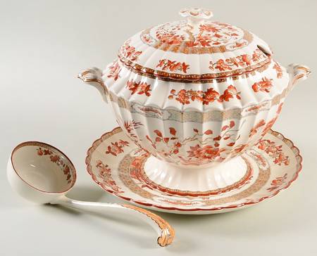 Indian Tree (Orange Rust, Scallop, Red Trim) Tureen & Lid W/Ladle & Underplate