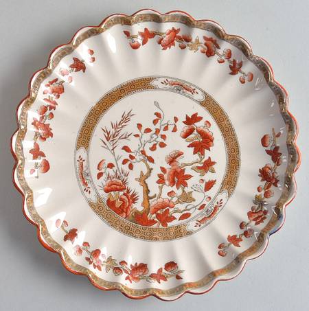Indian Tree (Orange Rust, Scallop, Red Trim) Coupe Dessert Plate