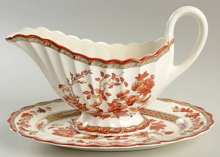 Indian Tree (Orange Rust, Scallop, Red Trim) Gravy Boat & Underplate/Relish