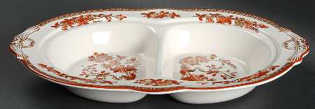 Indian Tree (Orange Rust, Scallop, Red Trim) 11" Oval Divided Vegetable Bowl