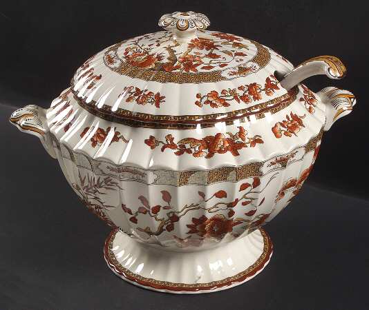 Indian Tree (Orange Rust, Scallop, Red Trim) Tureen & Lid w/Ladle