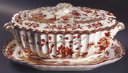 Indian Tree (Orange Rust, Scallop, Red Trim) Oval Tureen & Lid with Underplate