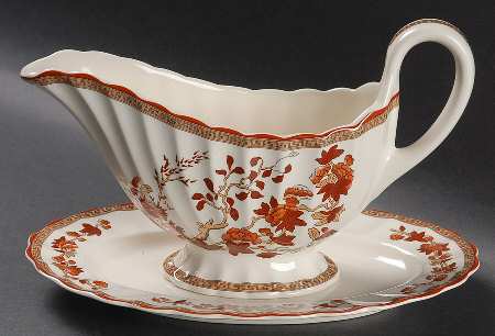 Indian Tree (Orange Rust, Scallop, Red Trim) Gravy Boat & Underplate/Relish
