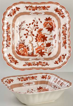 Indian Tree (Orange Rust, Scallop, Red Trim) 9" Square Vegetable Bowl