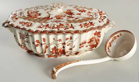 Indian Tree (Orange Rust, Scallop, Red Trim) Oval Tureen & Lid w/Ladle & Underplate