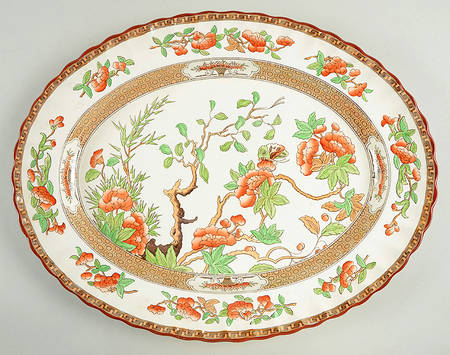 Indian Tree (Orange Rust, Green, Scallop, Red Trim) 12" Oval Serving Platter