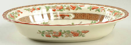 Indian Tree (Orange Rust, Green, Scallop, Red Trim) 9" Oval Vegetable Bowl