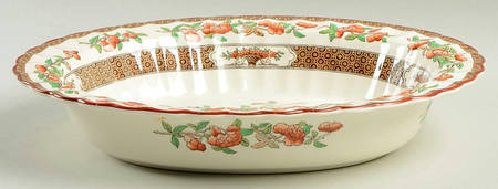 Indian Tree (Orange Rust, Green, Scallop, Red Trim) 11" Oval Vegetable Bowl