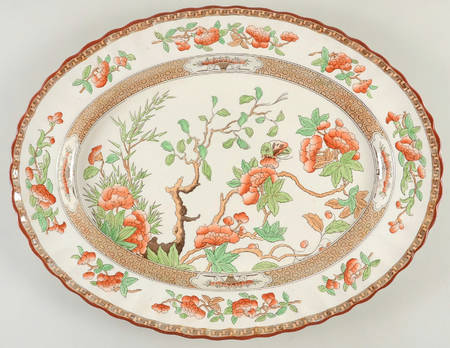 Indian Tree (Orange Rust, Green, Scallop, Red Trim) 16" Oval Serving Platter
