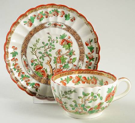 Indian Tree (Orange Rust, Green, Scallop, Red Trim) Footed Cup & Saucer Set