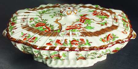 Indian Tree (Orange Rust, Green, Scallop, Red Trim) Oval Covered Vegetable