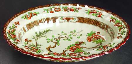 Indian Tree (Orange Rust, Green, Scallop, Red Trim) 10" Oval Vegetable Bowl