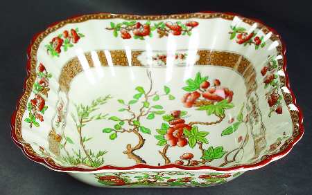 Indian Tree (Orange Rust, Green, Scallop, Red Trim) 9" Square Vegetable Bowl