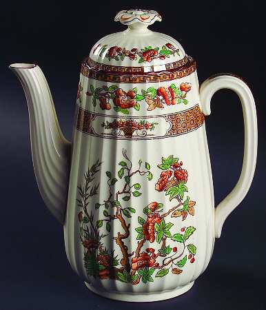Indian Tree (Orange Rust, Green, Scallop, Red Trim) Coffee Pot & Lid