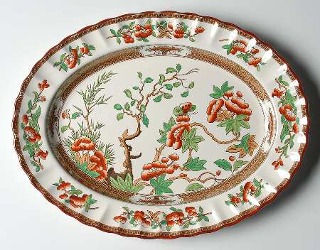 Indian Tree (Orange Rust, Green, Scallop, Red Trim) 13" Oval Serving Platter