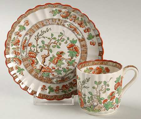 Indian Tree (Orange Rust, Green, Scallop, Red Trim) Flat Demitasse Cup & Saucer Set