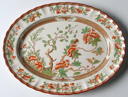 Indian Tree (Orange Rust, Green, Scallop, Red Trim) 15" Oval Serving Platter