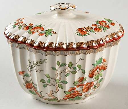 Indian Tree (Orange Rust, Green, Scallop, Red Trim) Sugar Bowl & Lid
