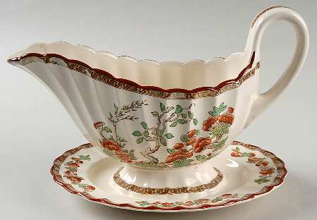Indian Tree (Orange Rust, Green, Scallop, Red Trim) Gravy Boat with Attached Underplate