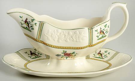 June (Green & Yellow, Embossed) Gravy Boat with Attached Underplate