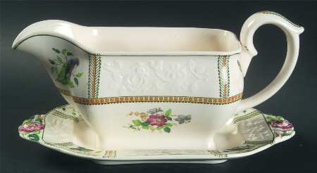 June (Green & Yellow, Embossed) Gravy Boat with Attached Underplate