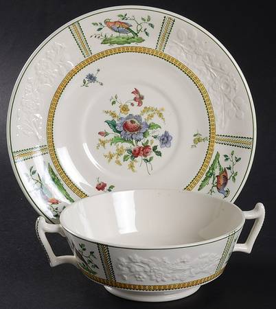June (Green & Yellow, Embossed) Footed Cream Soup Bowl & Saucer Set