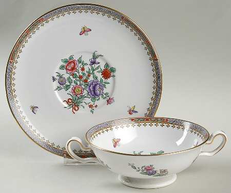 Lowestoft Flowers (Bone) Footed Cream Soup Bowl & Saucer Set