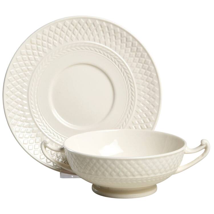 Mansard (Off White, Earthenware) Footed Cream Soup Bowl & Saucer Set