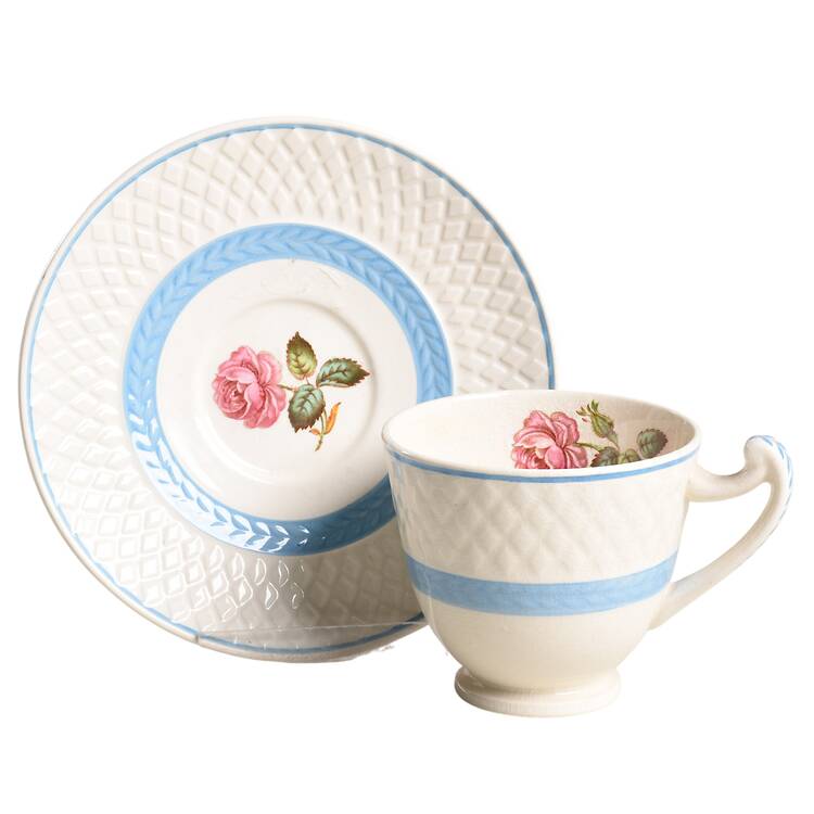 Mansard Rose Blue Laurel Band Footed Demitasse Cup & Saucer Set