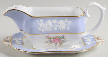 Maritime Rose Blue Gravy Boat with Attached Underplate