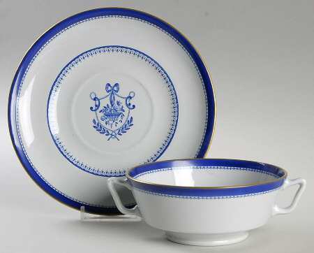 Newburyport Blue (Gold Trim) Footed Cream Soup Bowl & Saucer Set