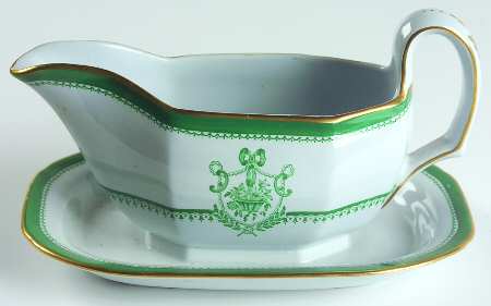 Newburyport Green (Gold Trim, No Verge Line) Gravy Boat with Attached Underplate